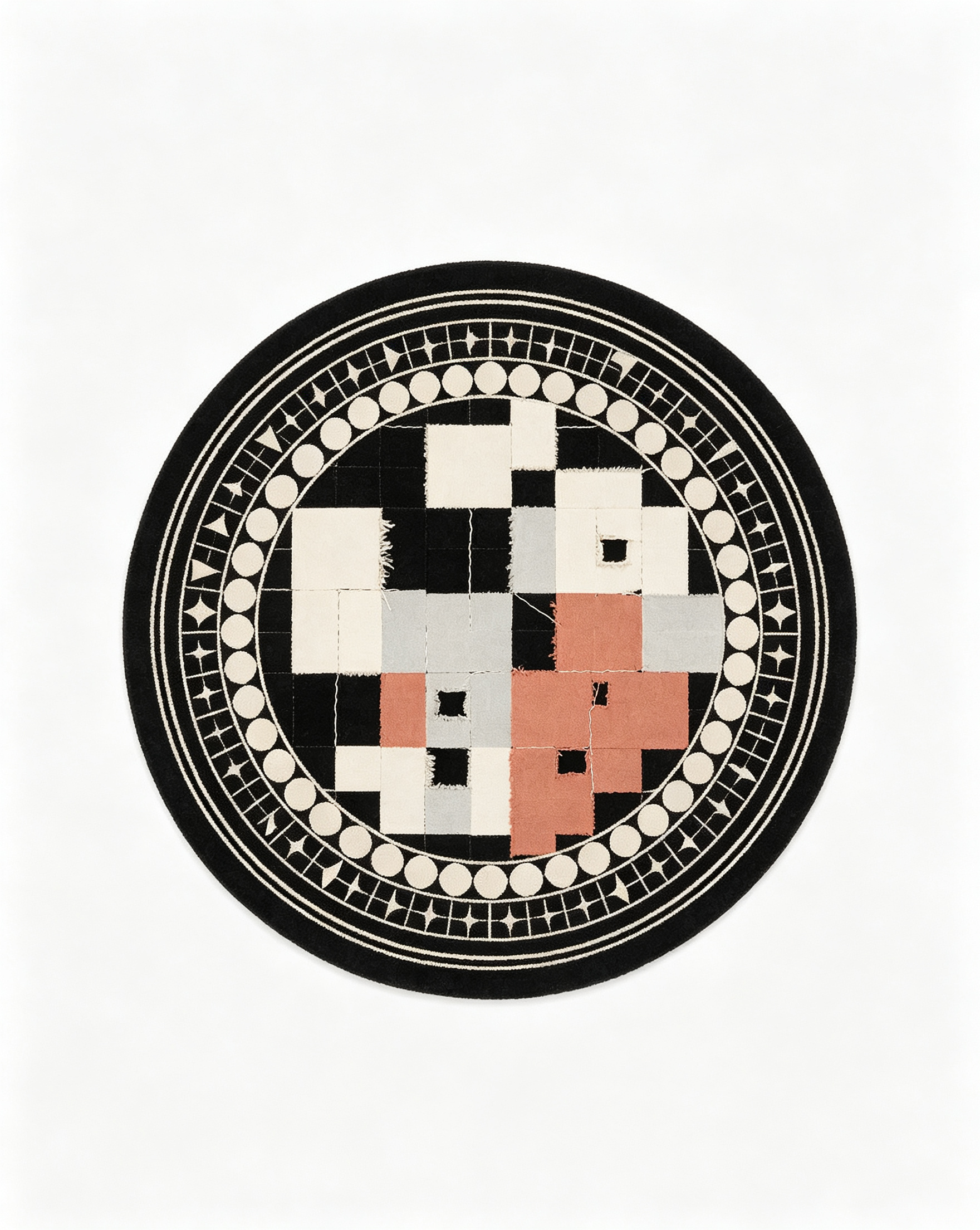 Round Black Patchwork Geometric Border Wool Area Rug