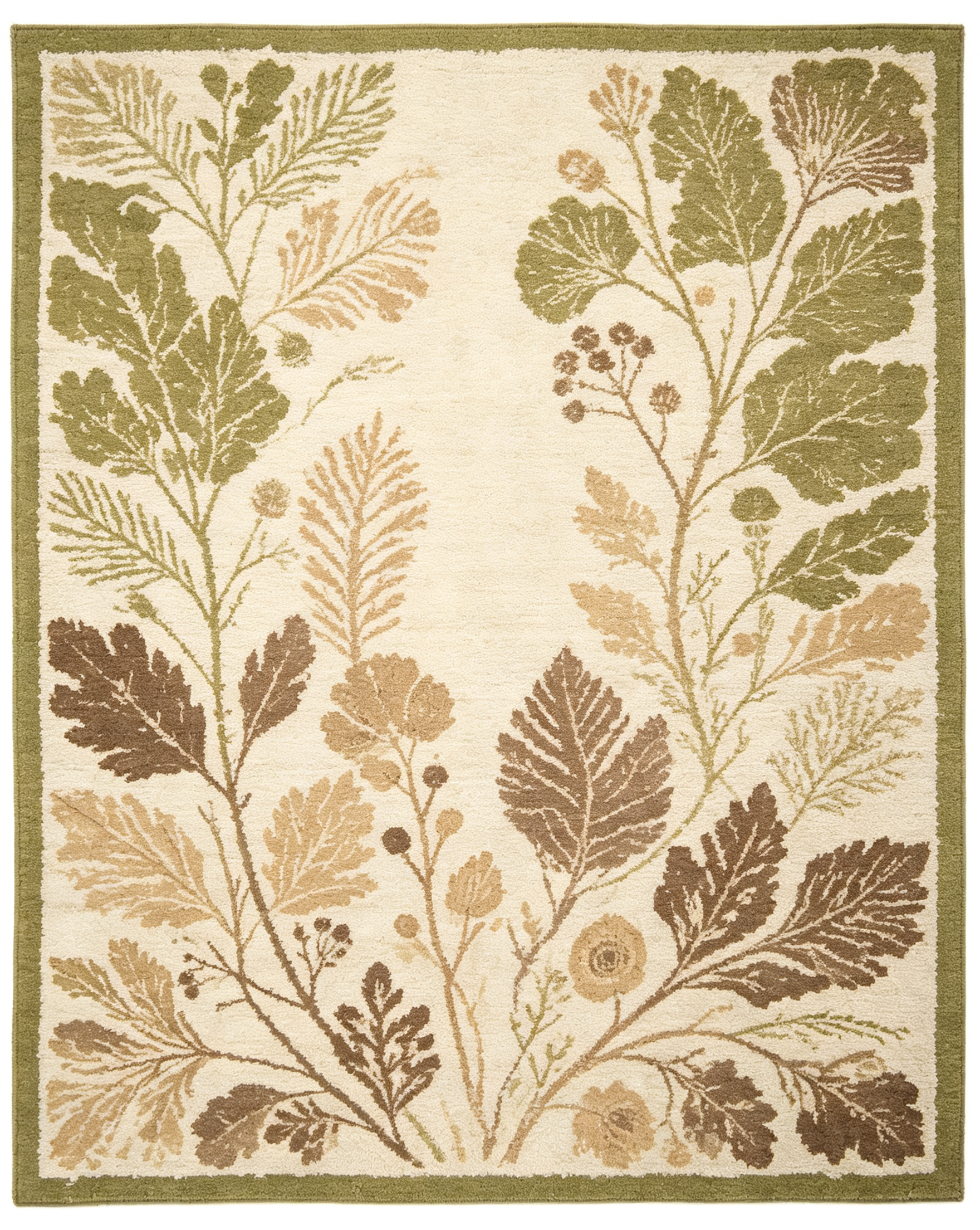 Vintage Botanical Leaf Olive Green Wool Area Rug