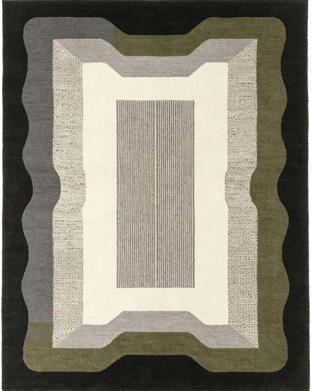 Wavy Frame Geometric Dark Sage Grey Wool Area Rug