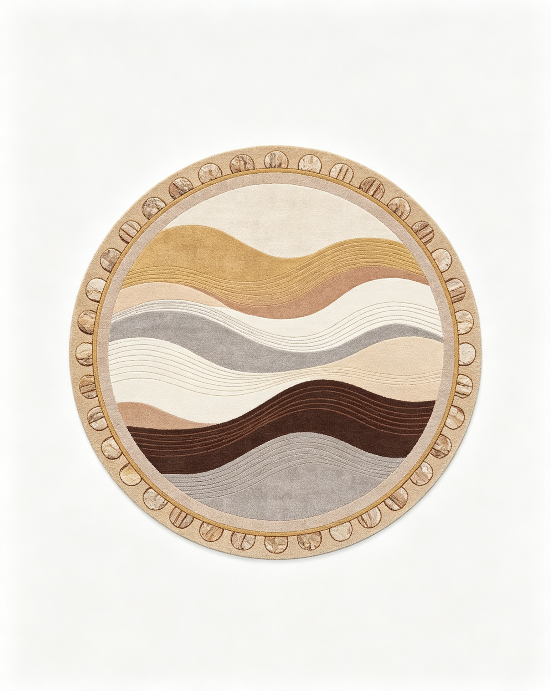 Round Neutral Mountain Wave Border Wool Area Rug