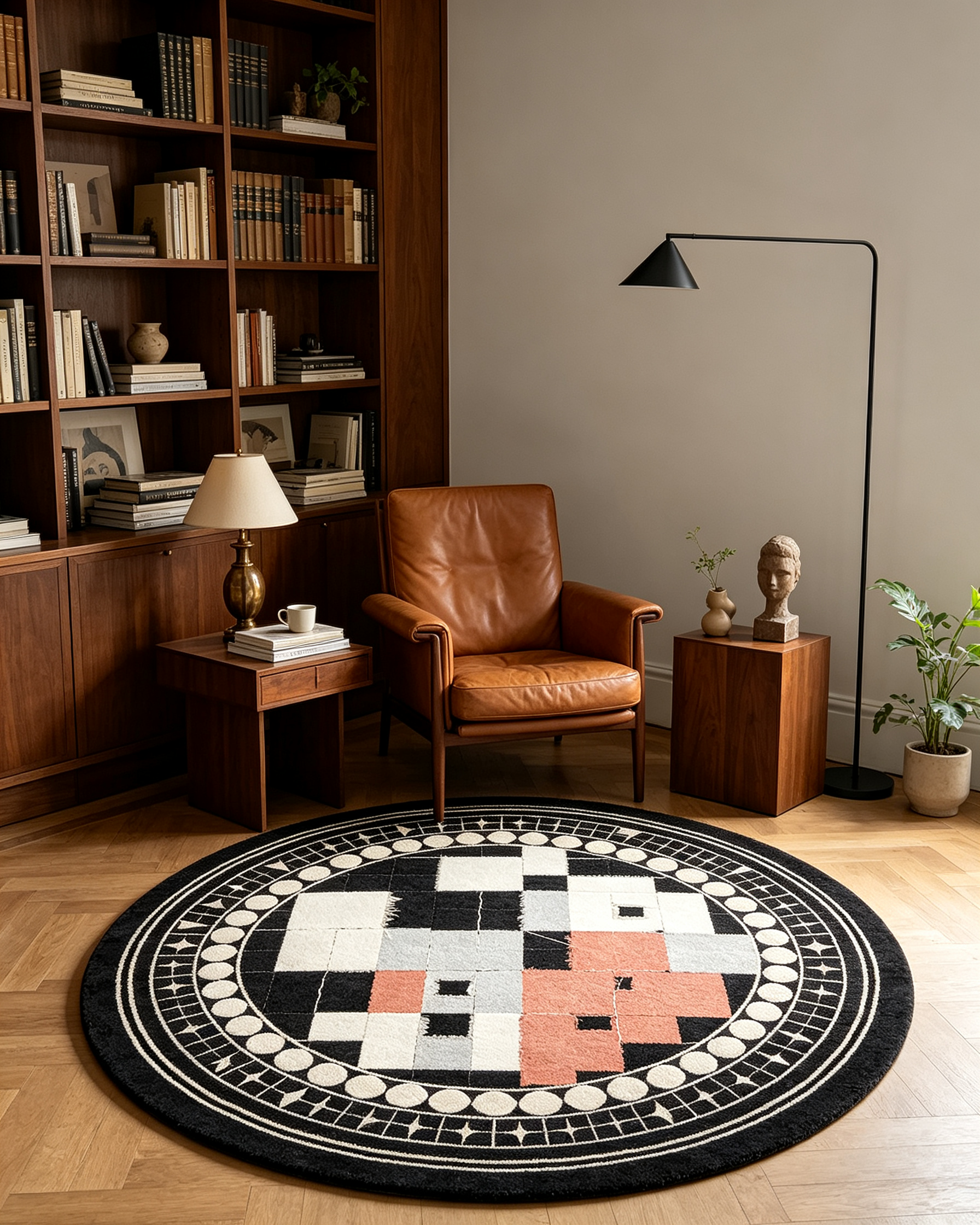 Round Black Patchwork Geometric Border Wool Area Rug
