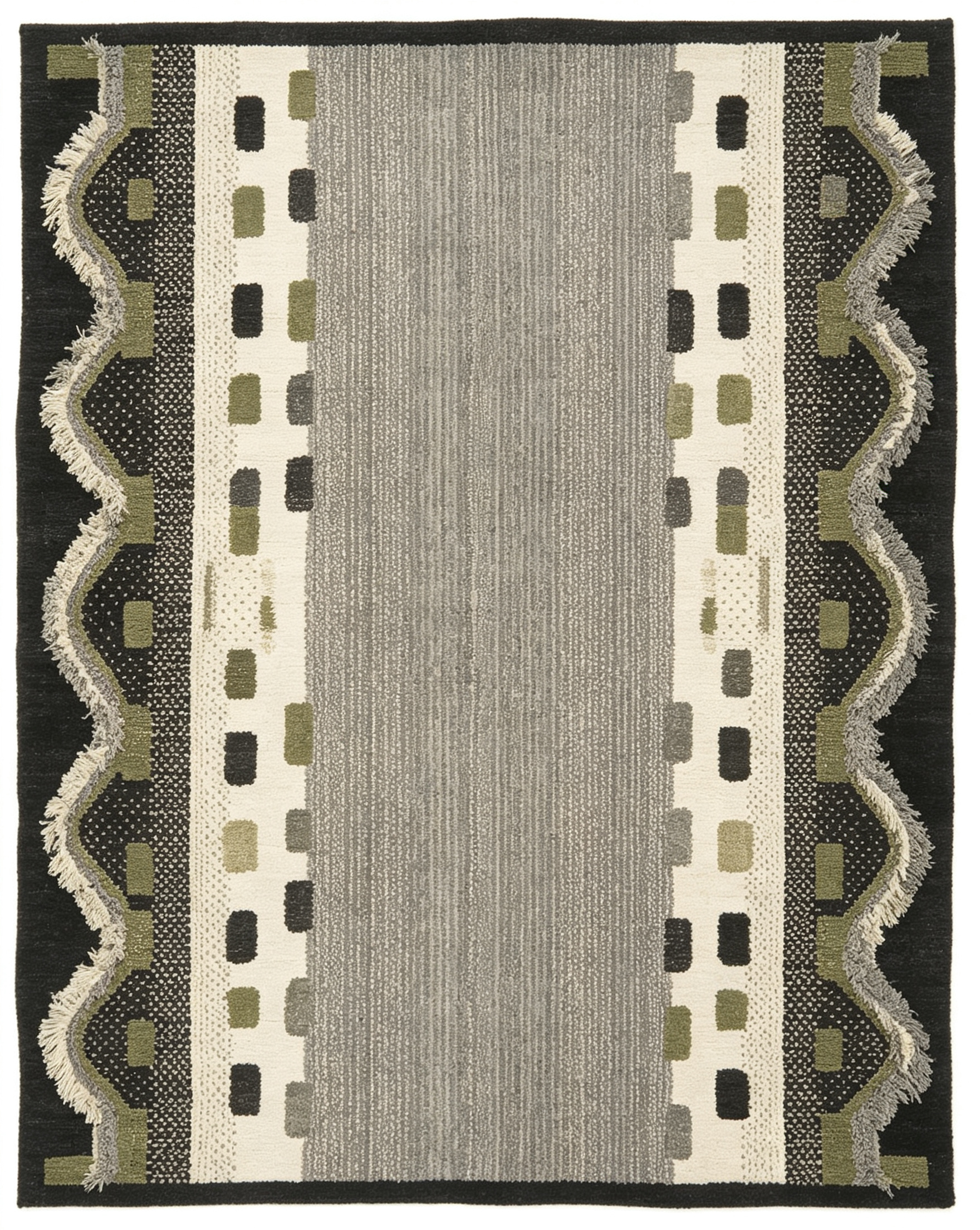 Symmetrical Wavy Border Grey Olive Geometric Wool Area Rug