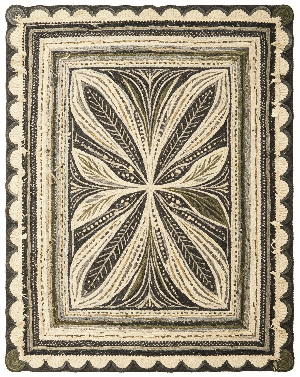 Symmetrical Floral Framed Dark Neutral Wool Area Rug