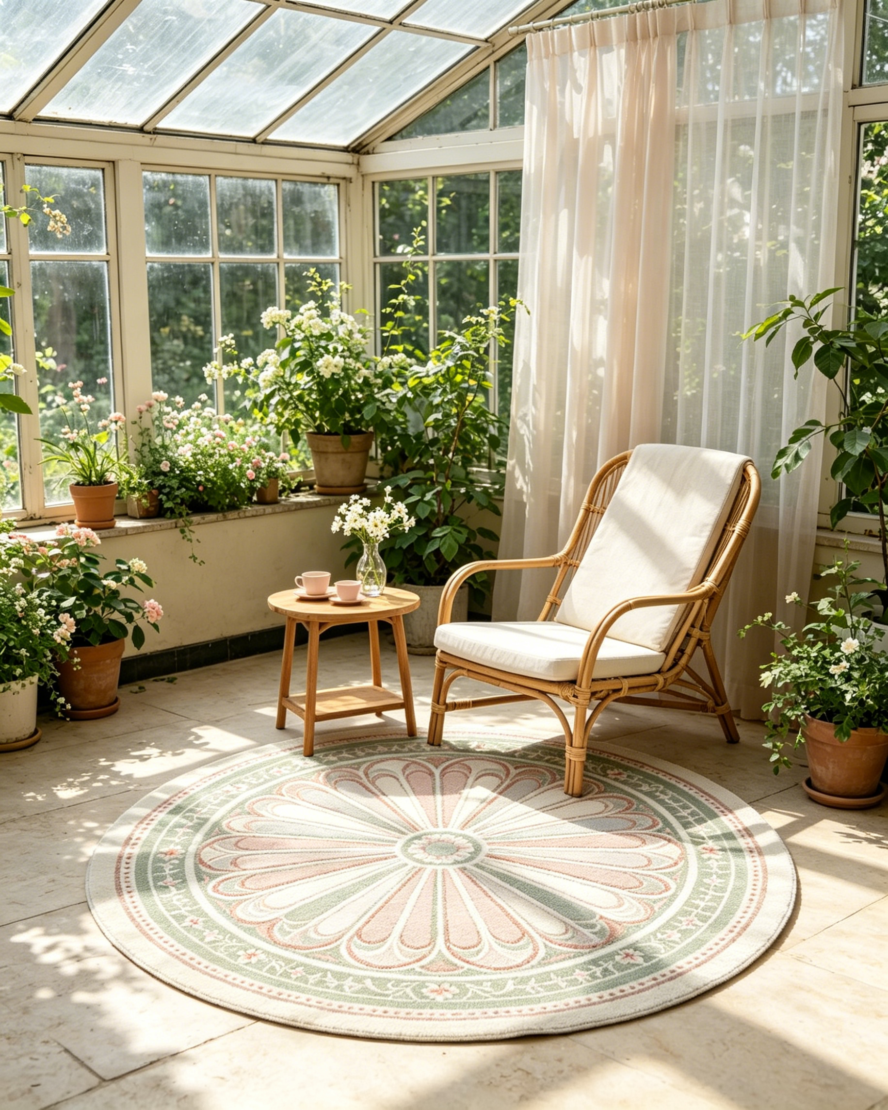 Round Pastel Floral Radial Medallion Wool Rug