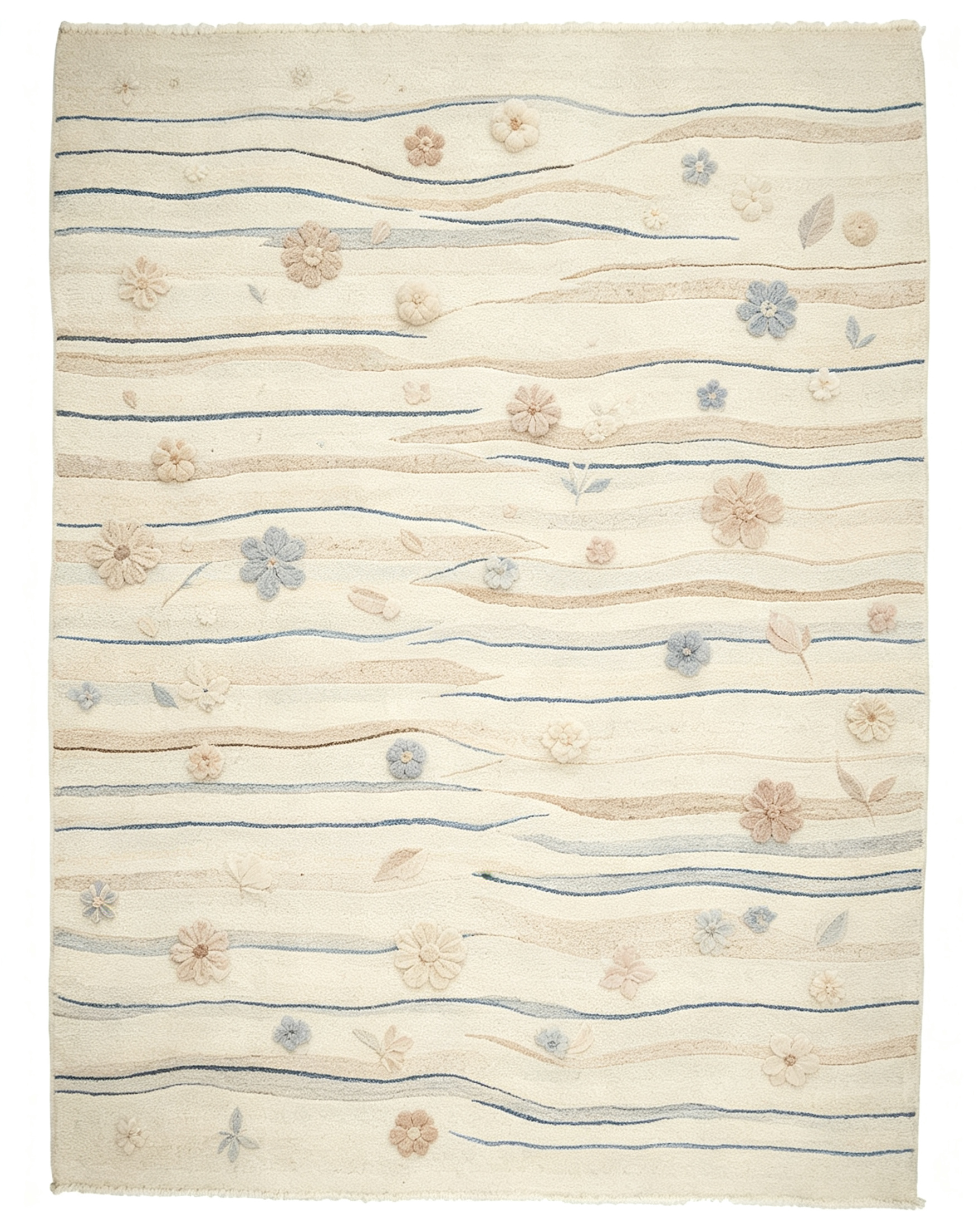3D Raised Pastel Floral Wavy Stripe Wool Area Rug