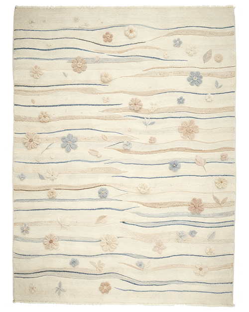 3D Raised Pastel Floral Wavy Stripe Wool Area Rug