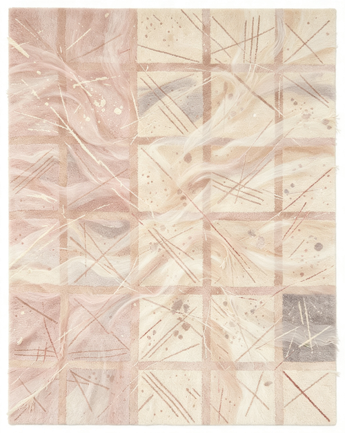 Blush Pink Abstract Grid Fringed Wool Area Rug