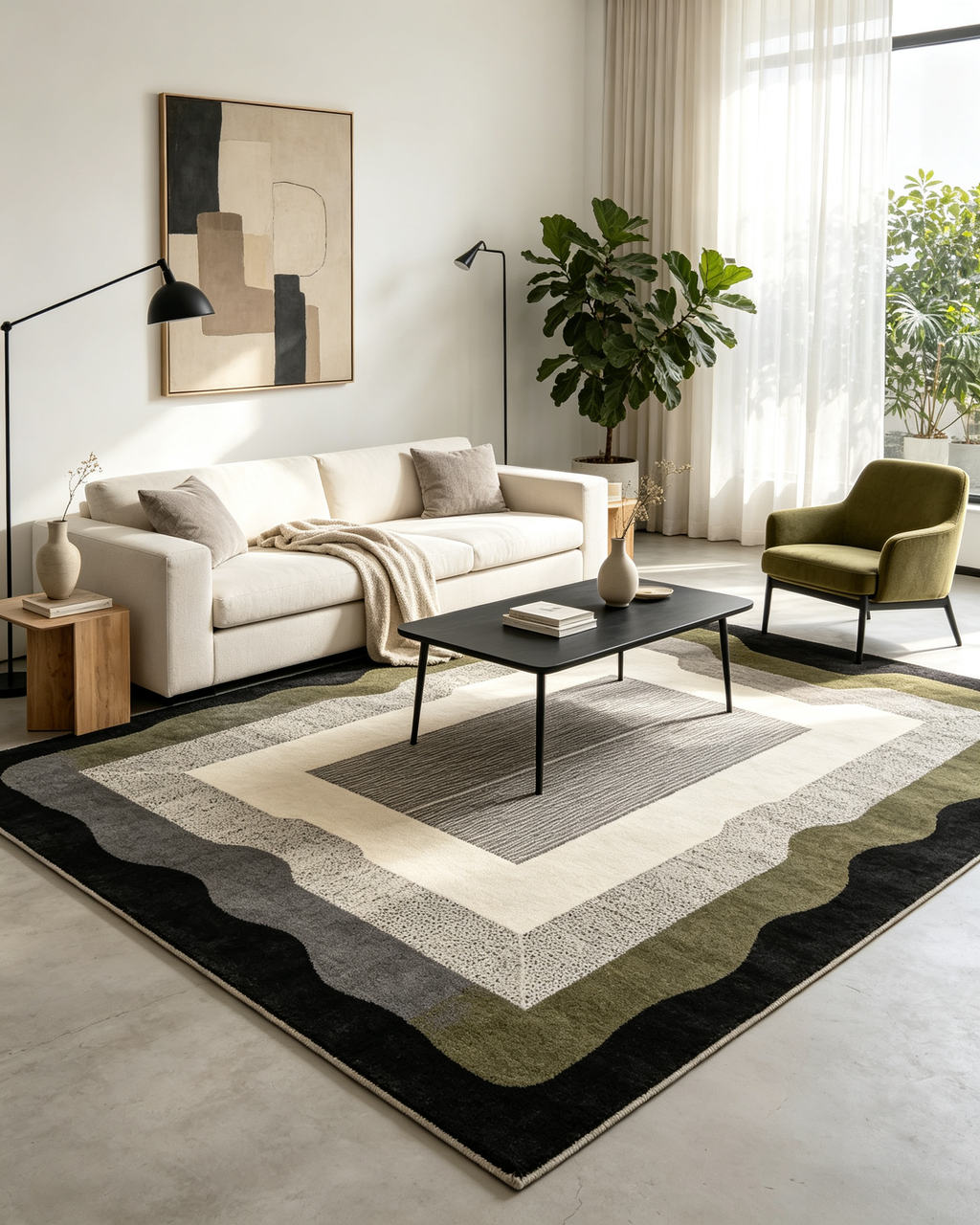 Wavy Frame Geometric Dark Sage Grey Wool Area Rug