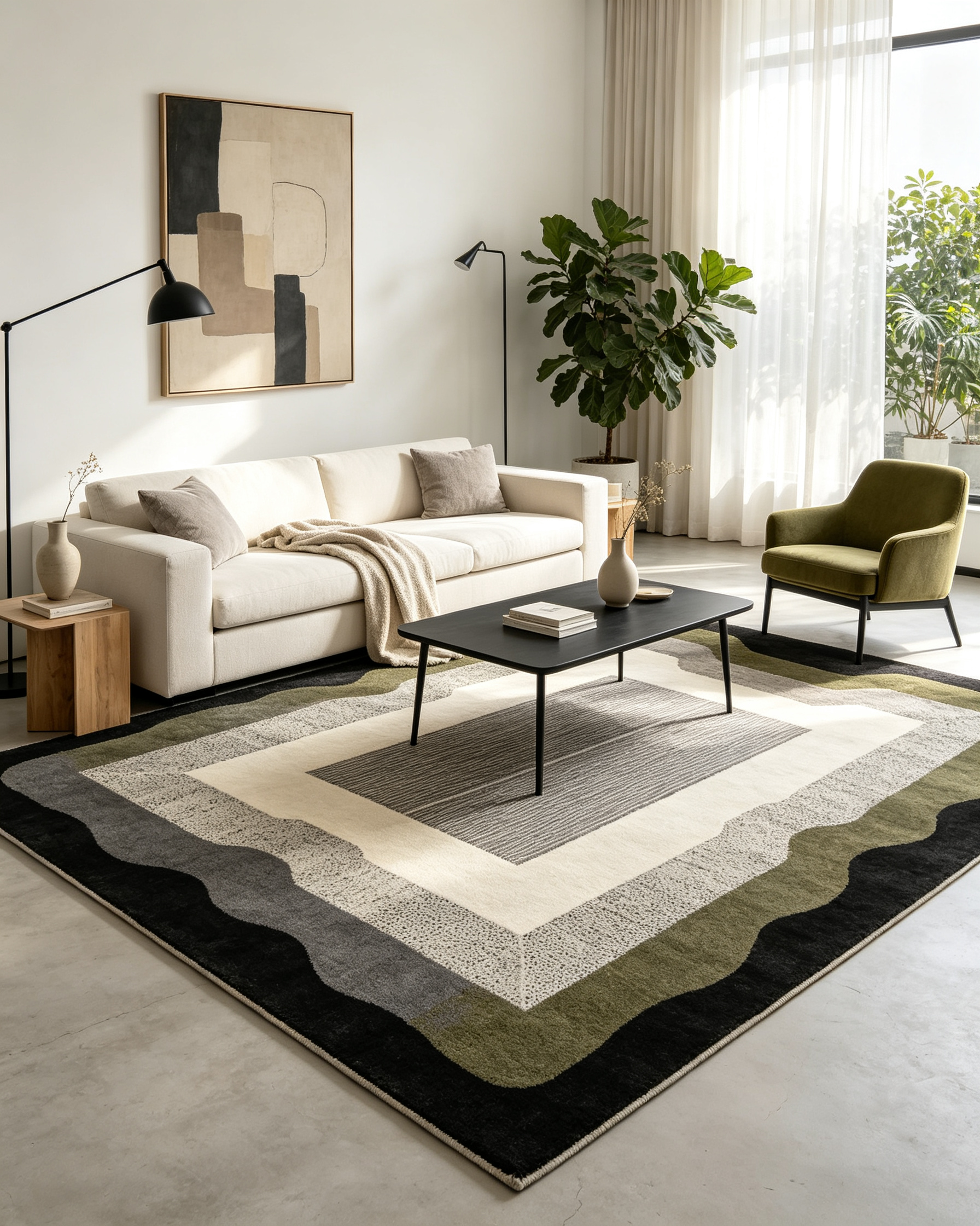 Wavy Frame Geometric Dark Sage Grey Wool Area Rug